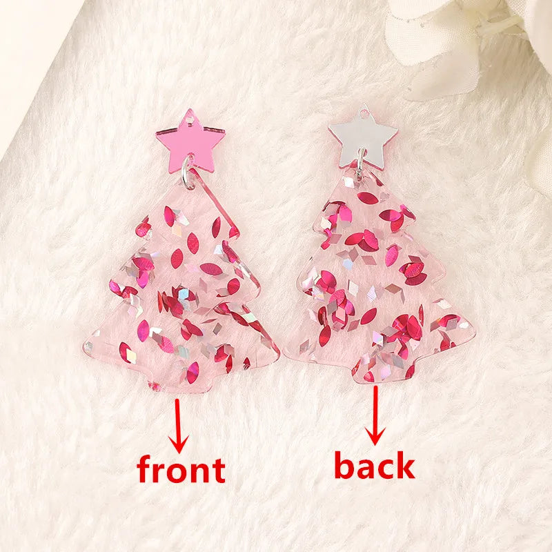 Preppy Aesthetic Pink Christmas Tree Holiday Earrings