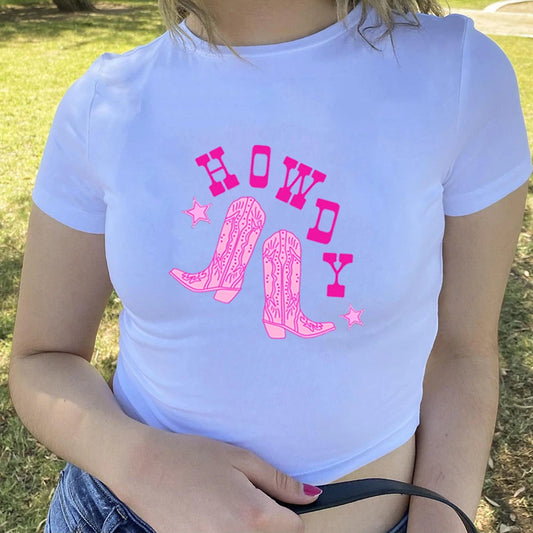Howdy Cowgirl Boots Preppy Aesthetic Crop Top