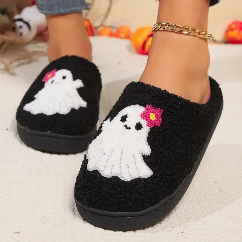 Preppy Aesthetic Halloween Ghost Flower Cozy Slippers