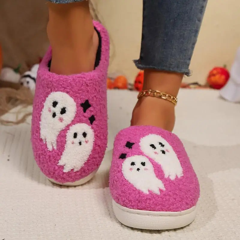 Pink Halloween Ghosts Preppy Aesthetic Cozy Slippers