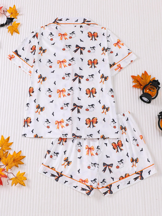 Preppy Aesthetic Halloween Ghost Bow Pajama Set