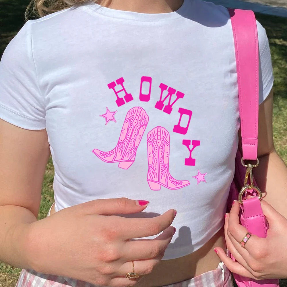Howdy Cowgirl Boots Preppy Aesthetic Crop Top