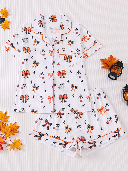 Preppy Aesthetic Halloween Ghost Bow Pajama Set
