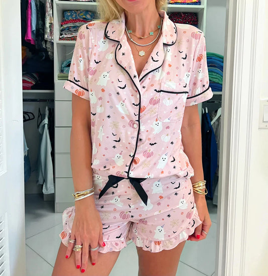 Preppy Aesthetic Pink Halloween Pattern Pajama Set