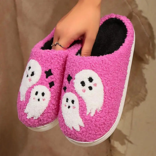 Pink Halloween Ghosts Preppy Aesthetic Cozy Slippers