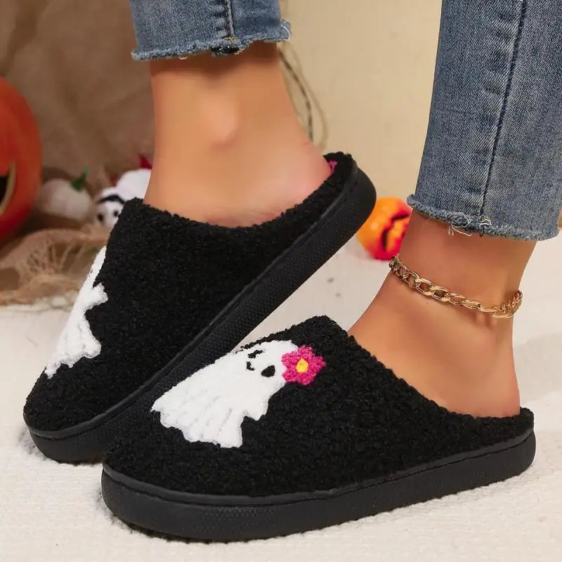 Preppy Aesthetic Halloween Ghost Flower Cozy Slippers