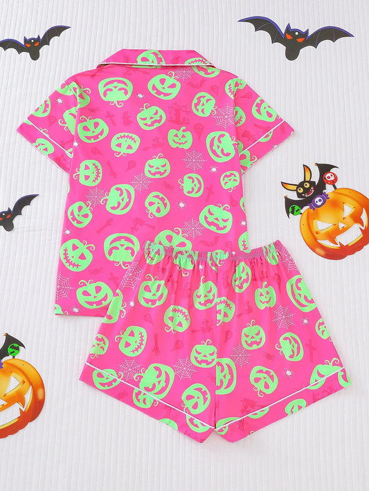 Preppy Aesthetic Halloween Pink Pumpkin Pajama Set