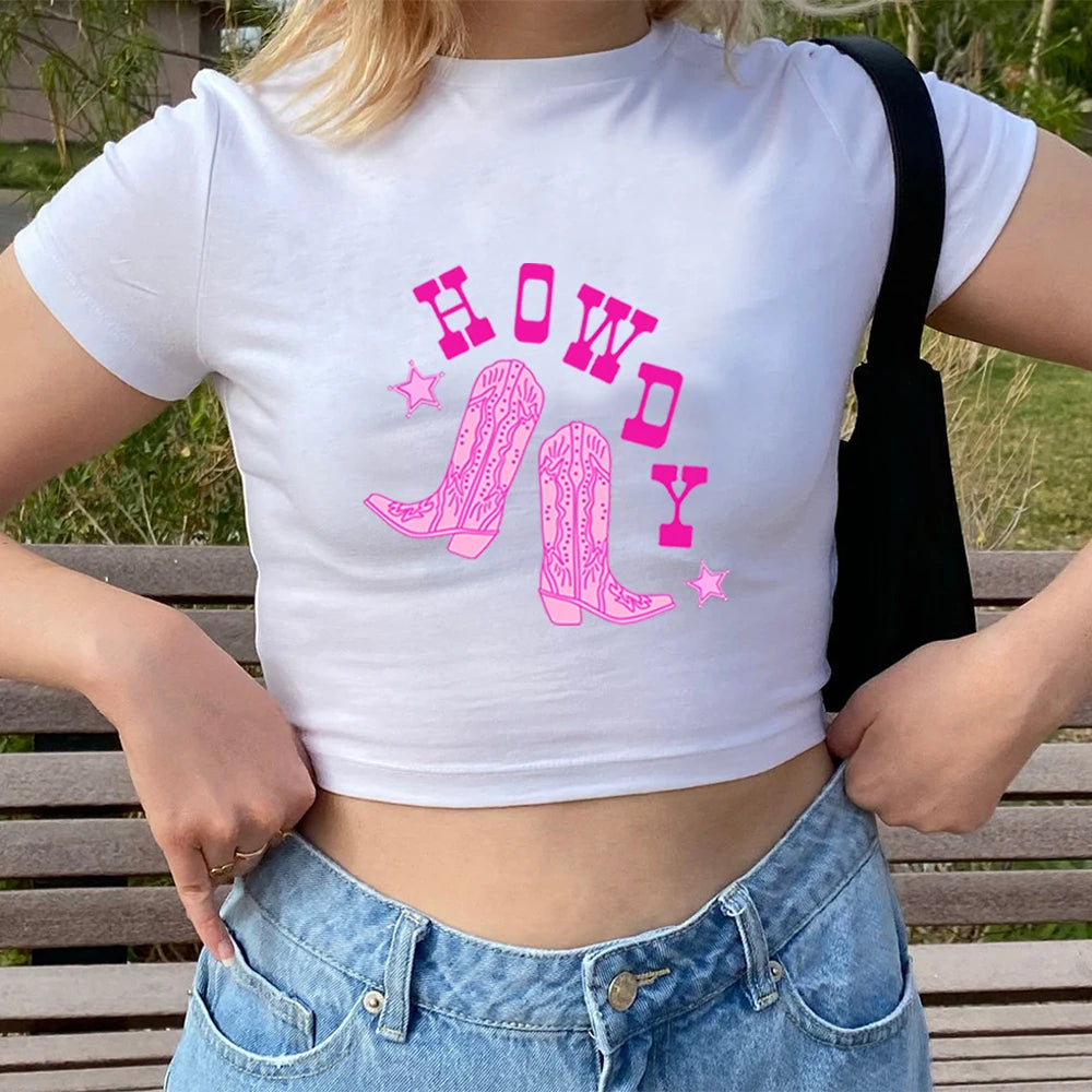 Howdy Cowgirl Boots Preppy Aesthetic Crop Top