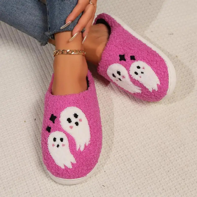 Pink Halloween Ghosts Preppy Aesthetic Cozy Slippers