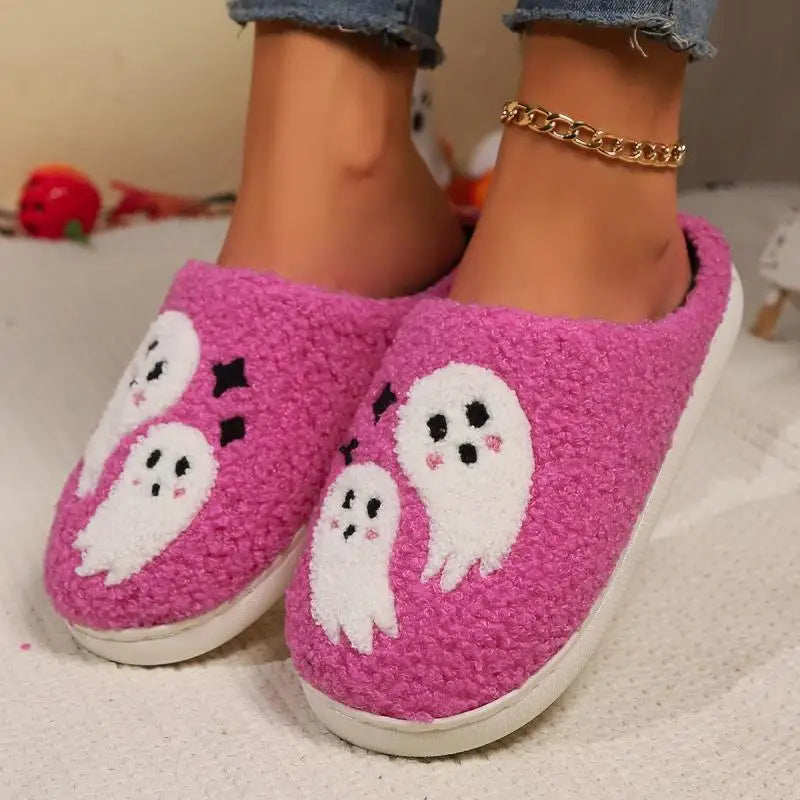 Pink Halloween Ghosts Preppy Aesthetic Cozy Slippers