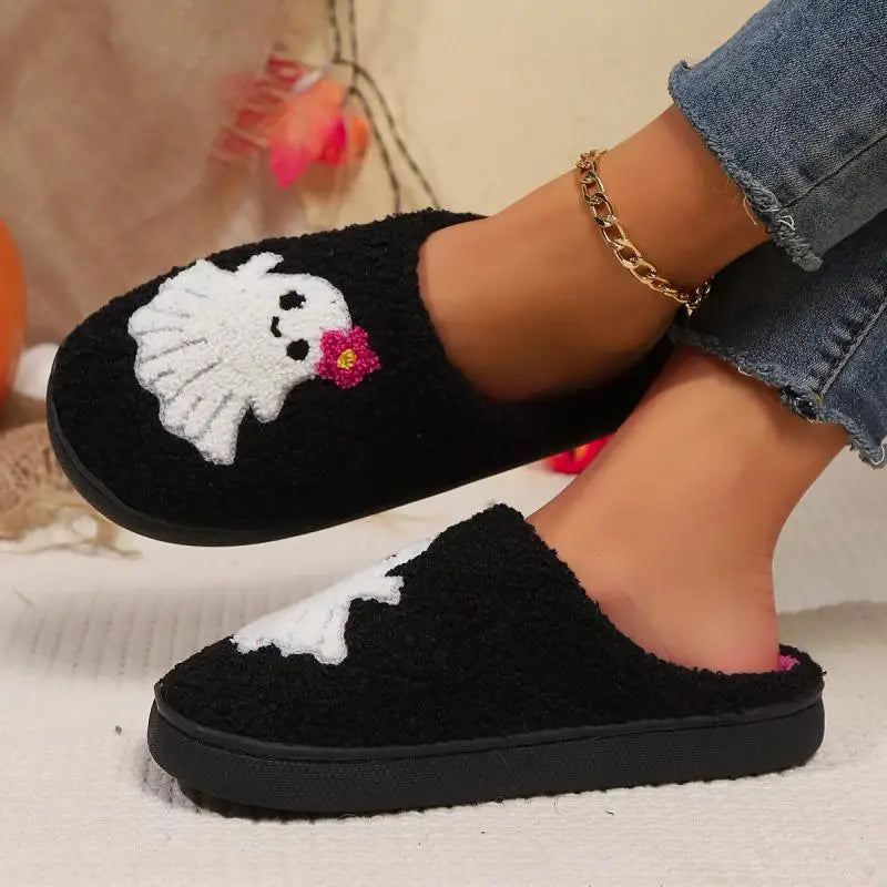 Preppy Aesthetic Halloween Ghost Flower Cozy Slippers