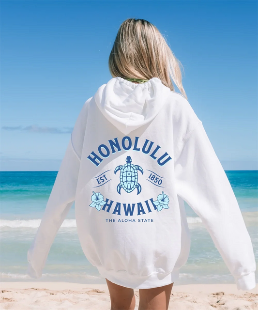 Honolulu Hawaii Preppy Aesthetic Turtle Hibiscus Flower Hoodie