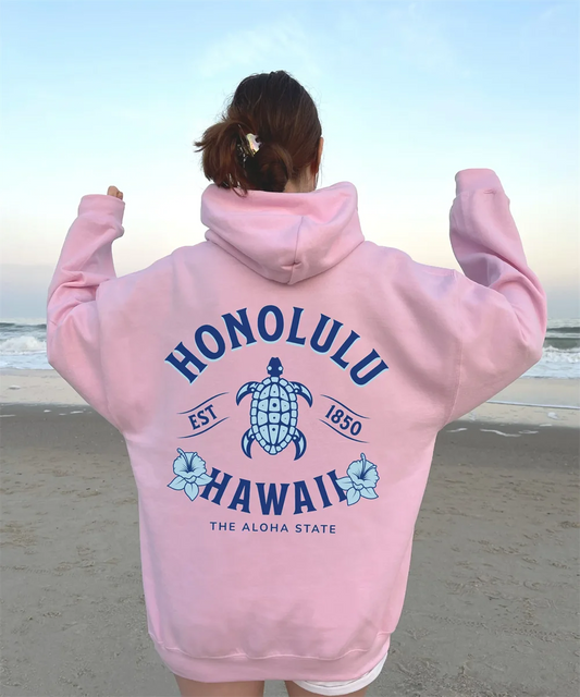 Honolulu Hawaii Preppy Aesthetic Turtle Hibiscus Flower Hoodie