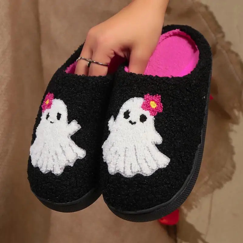 Preppy Aesthetic Halloween Ghost Flower Cozy Slippers