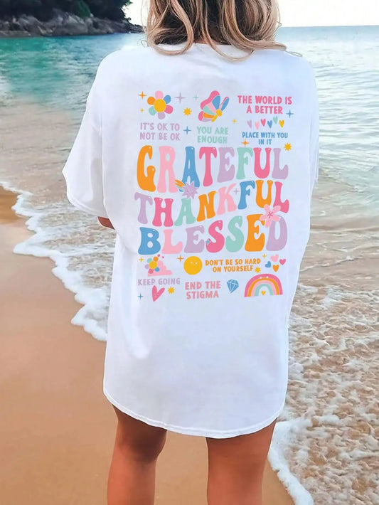 Grateful Thankful Blessed Preppy Aesthetic Faith Graphic T-Shirt Summer