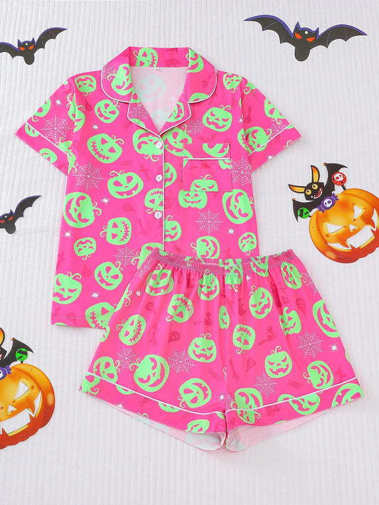 Preppy Aesthetic Halloween Pink Pumpkin Pajama Set