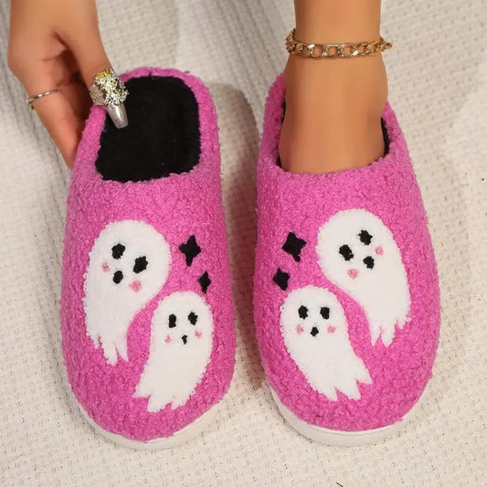 Pink Halloween Ghosts Preppy Aesthetic Cozy Slippers