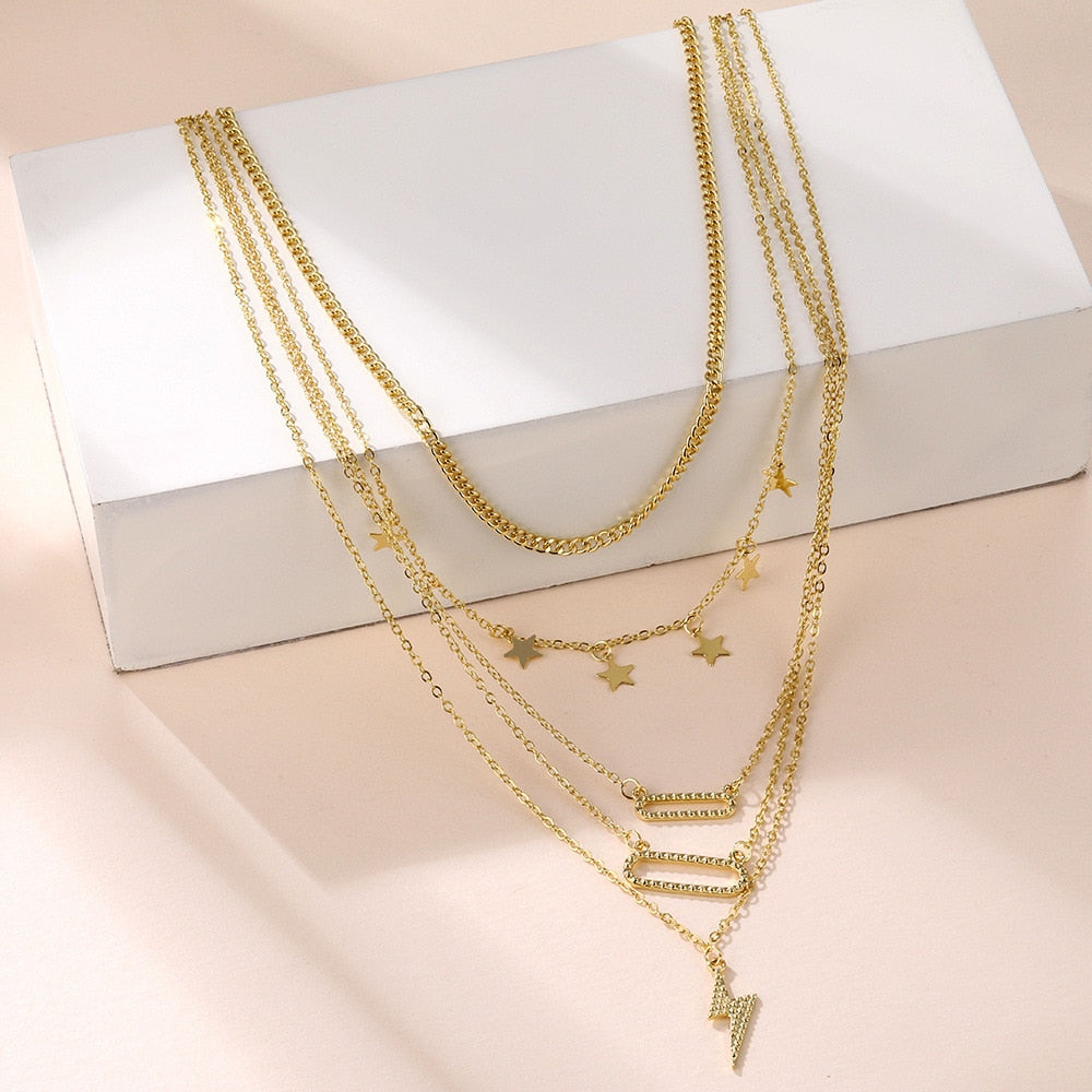 Aesthetic Lightning and Stars Preppy Layered Necklace Set