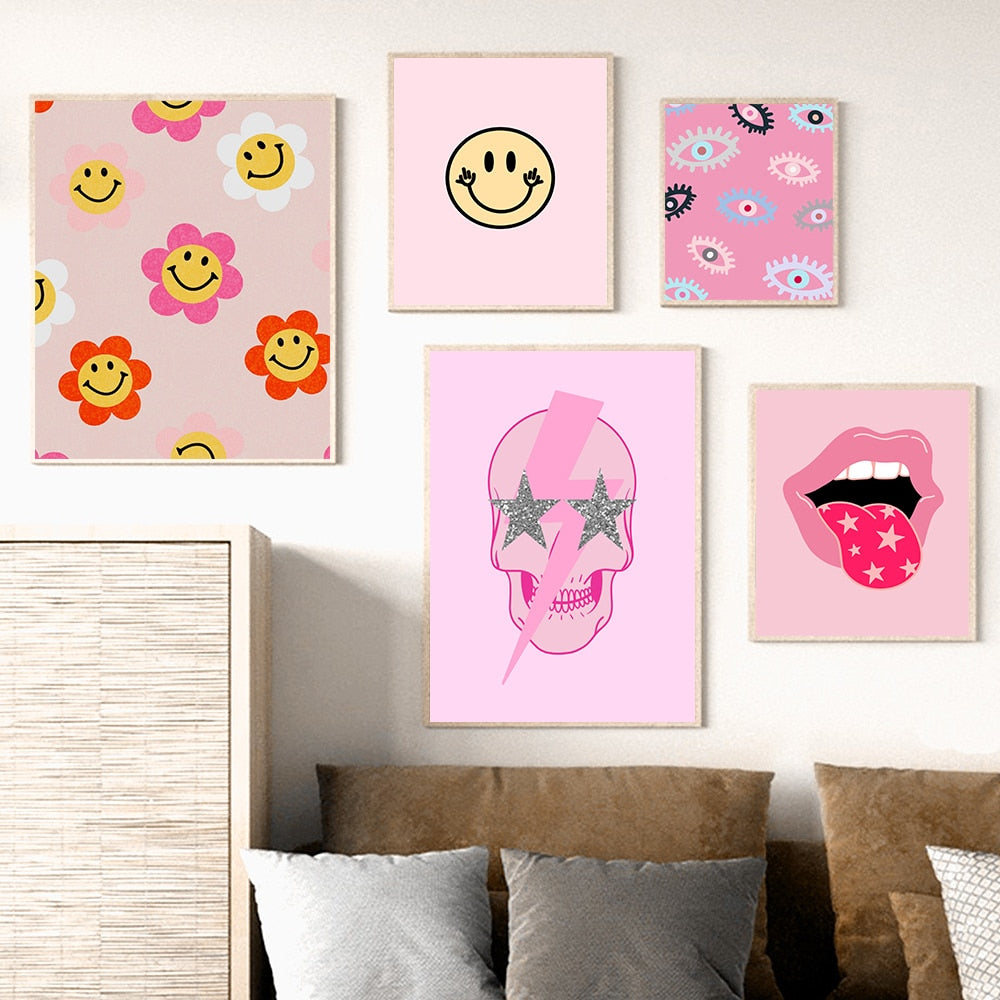Pink Lightning Strike Preppy Aesthetic Glitter Star Skull Wall Art Poster