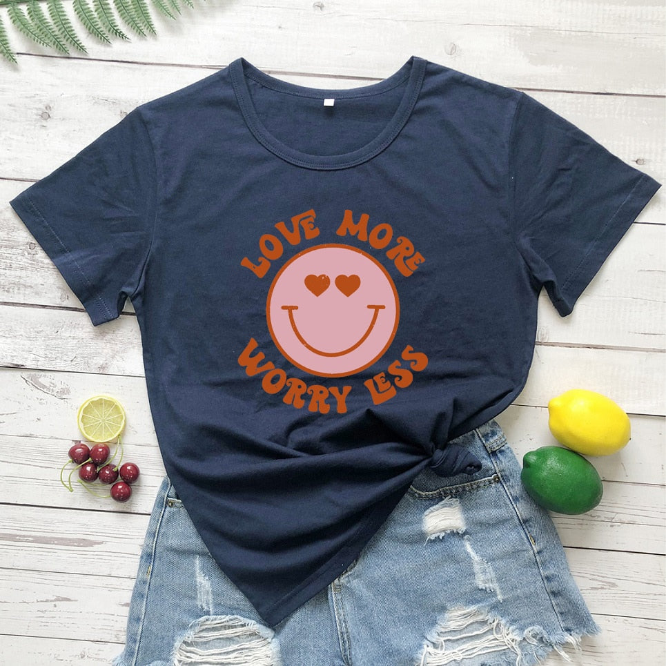 Love More Worry Less Preppy Aesthetic Smiley Face T-shirt