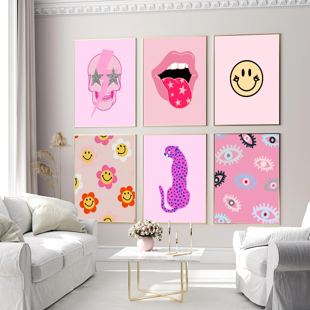 Pink Lightning Strike Preppy Aesthetic Glitter Star Skull Wall Art Poster