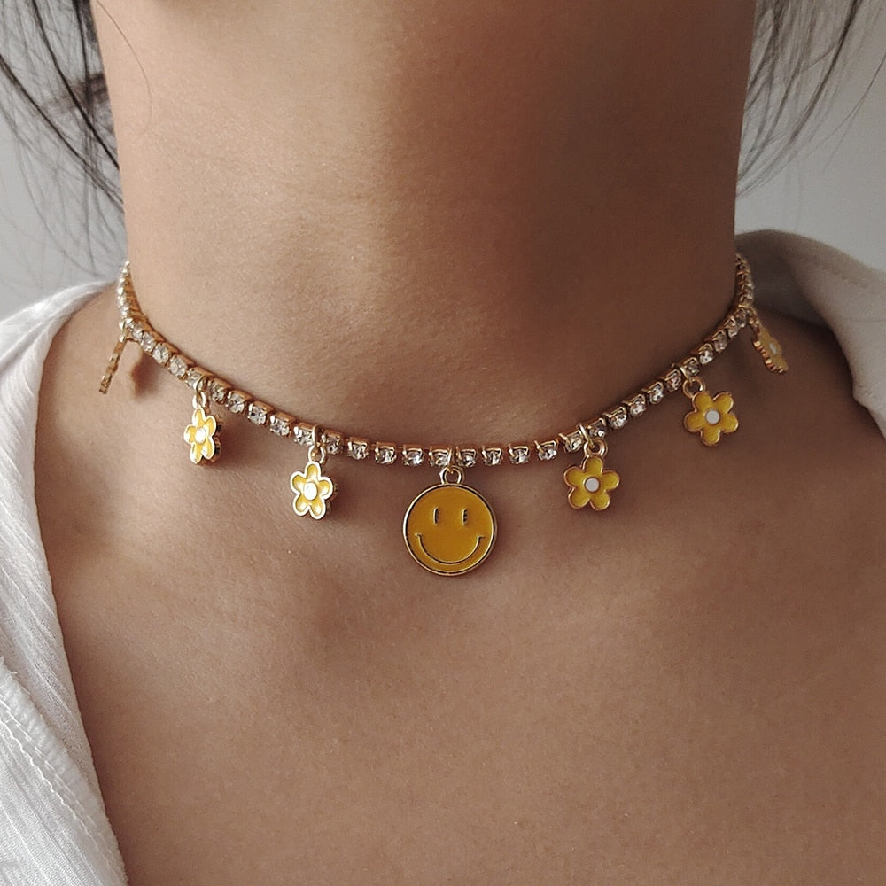 Smiley Face and Flower Choker Necklace