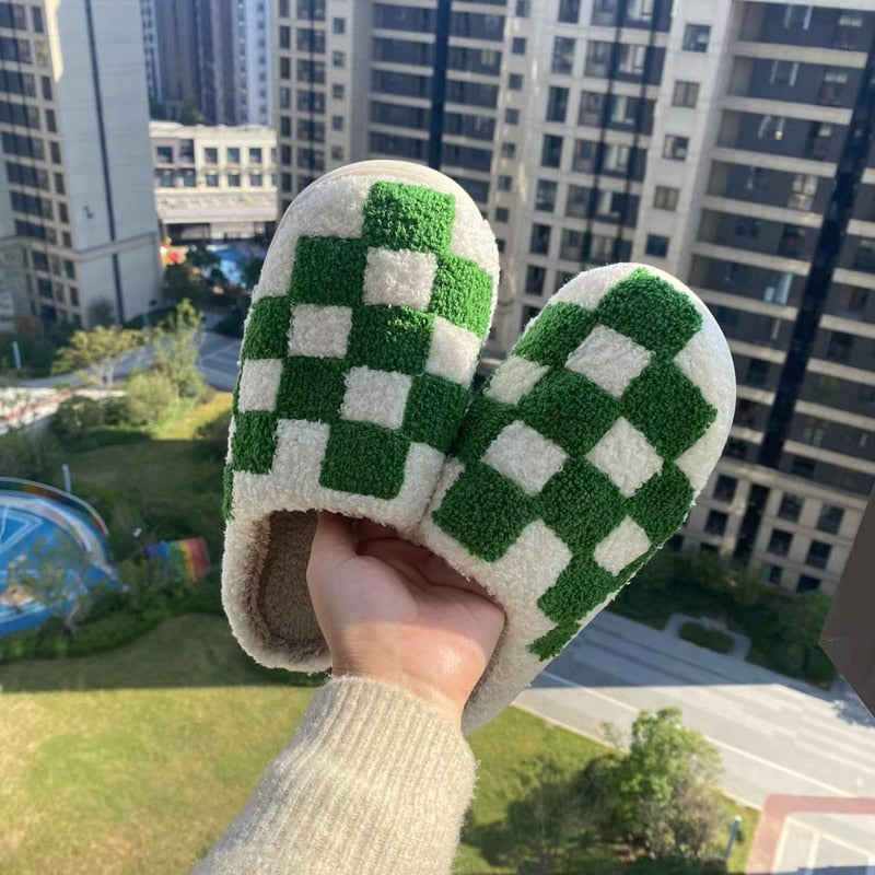 Preppy Aesthetic Green Checkerboard Print Cozy Slippers