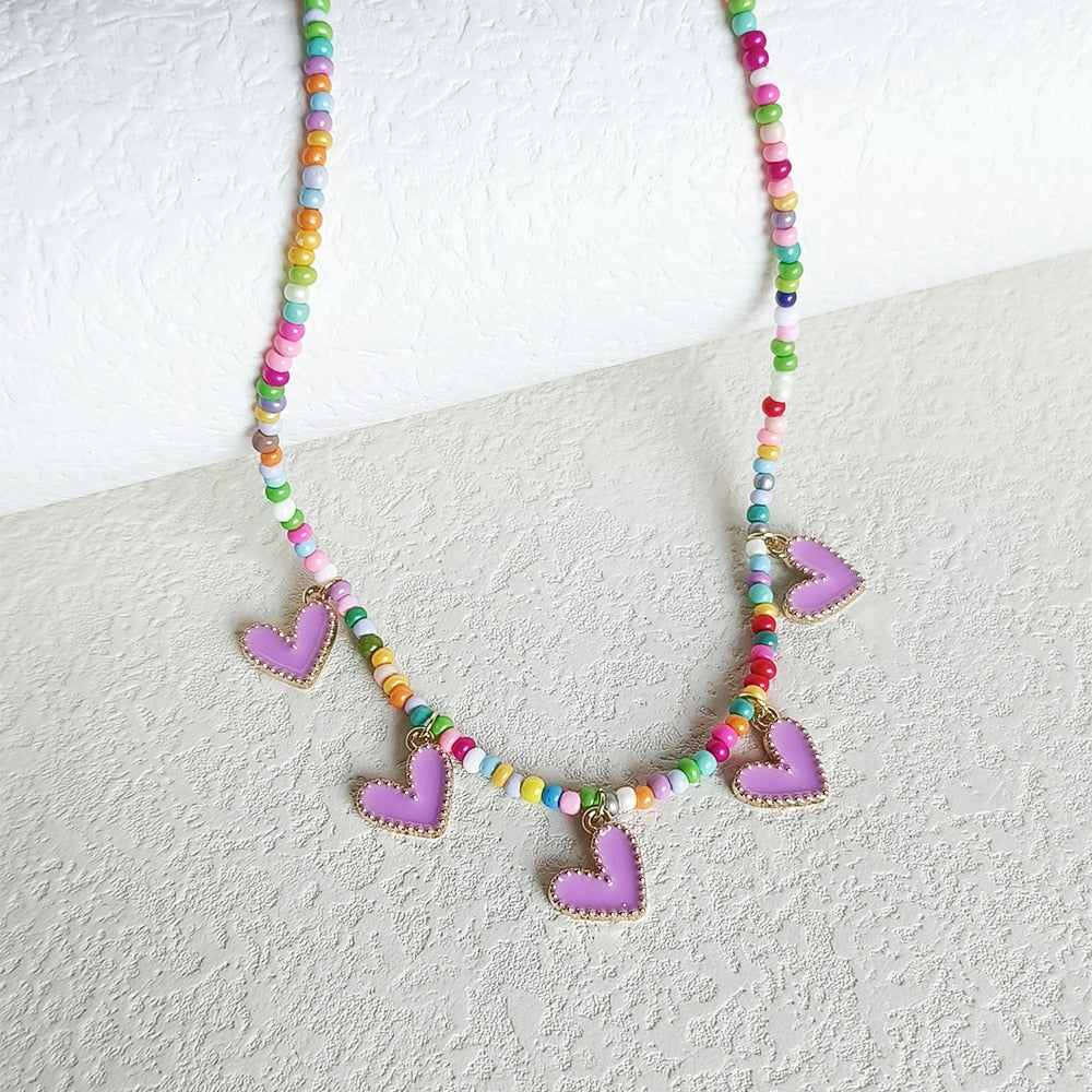 Preppy Aesthetic Heart Rainbow Beaded Pendant Necklace