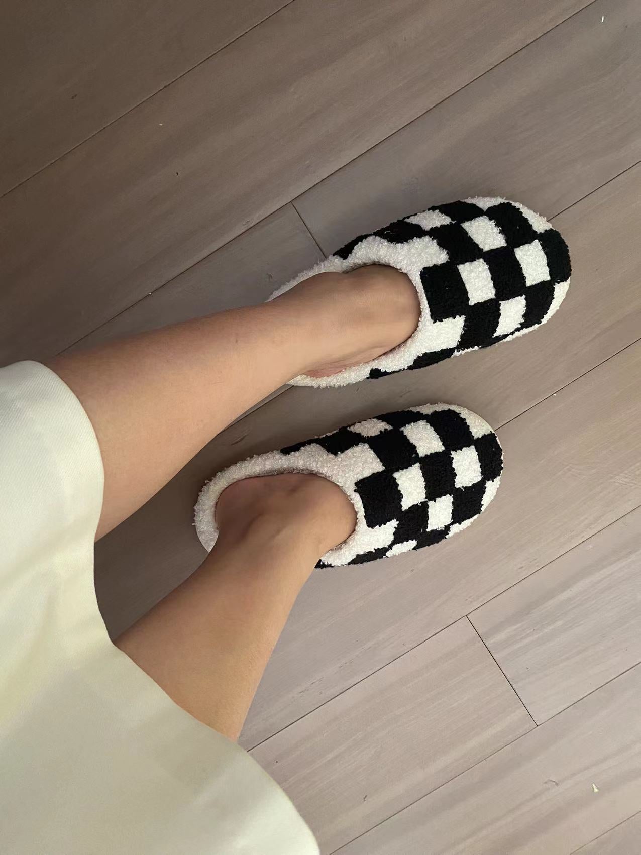 Preppy Aesthetic Black Checkerboard Print Cozy Slippers