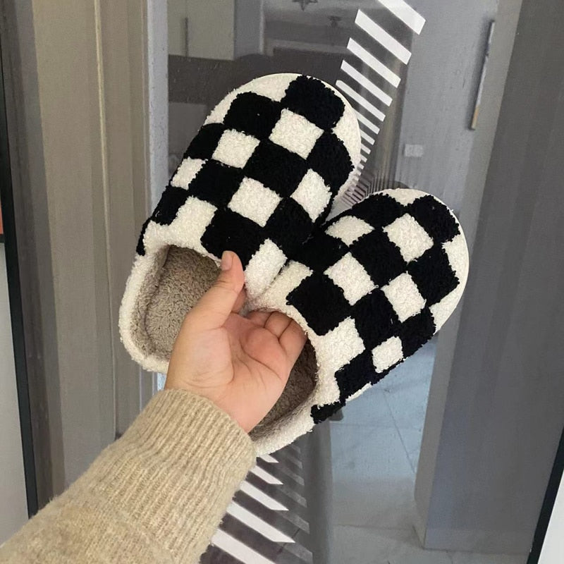 Preppy Aesthetic Black Checkerboard Print Cozy Slippers