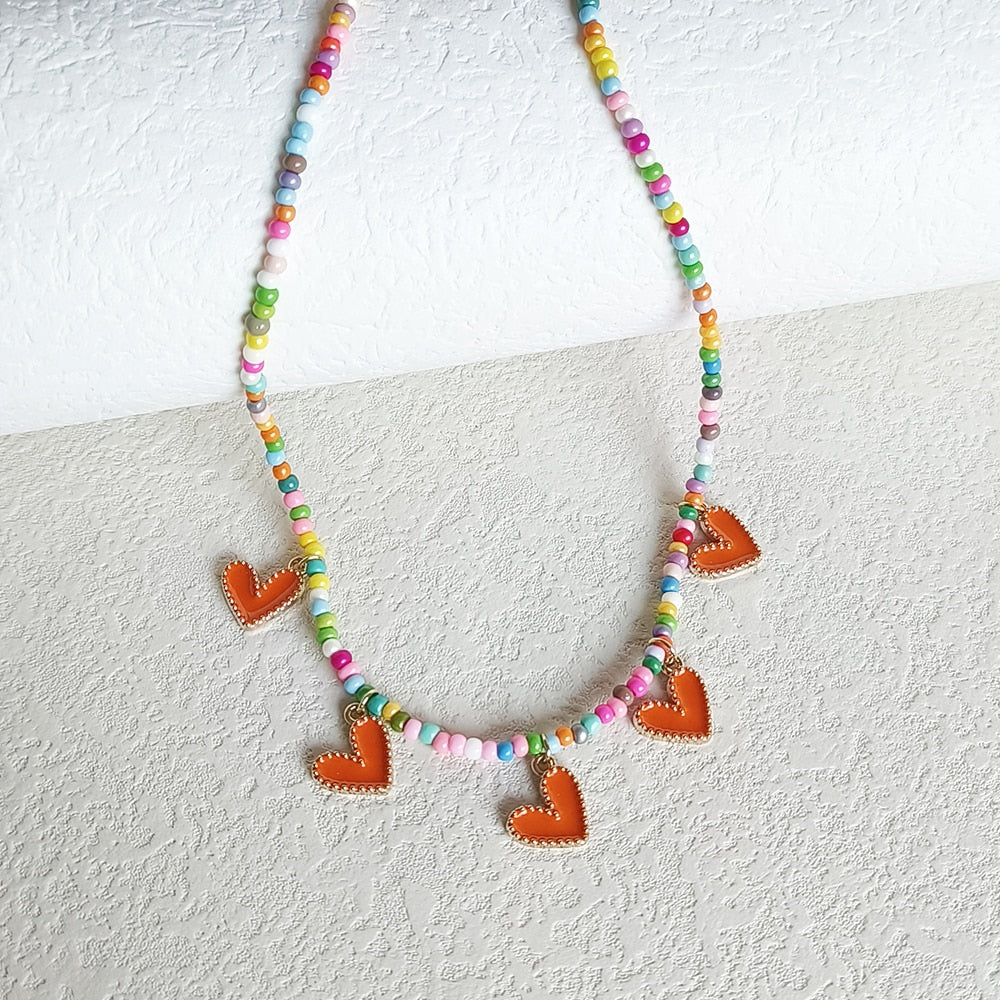 Preppy Aesthetic Heart Rainbow Beaded Pendant Necklace
