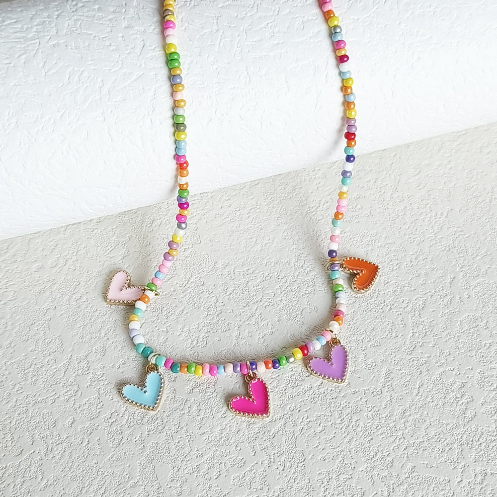 Preppy Aesthetic Heart Rainbow Beaded Pendant Necklace