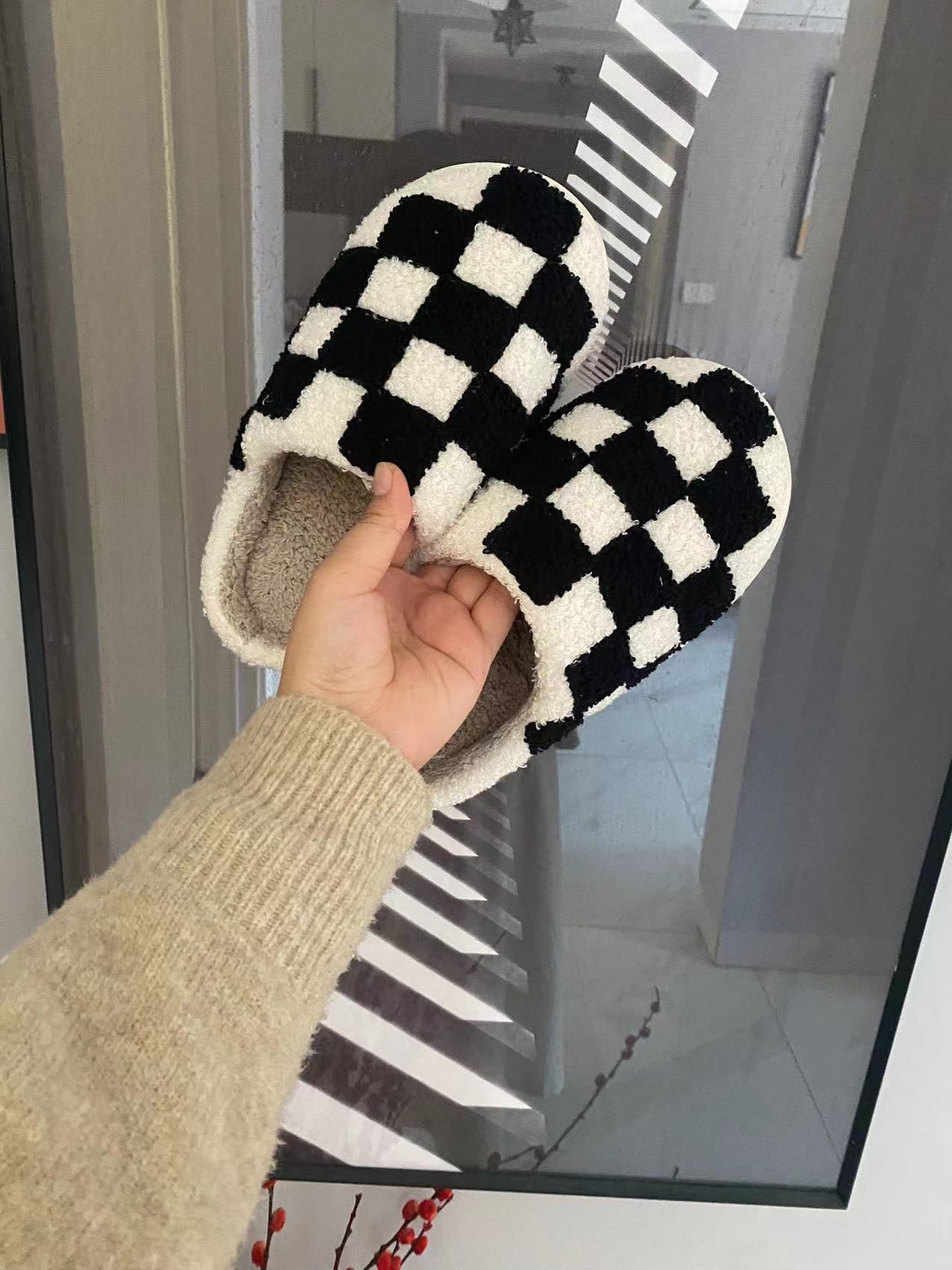 Preppy Aesthetic Black Checkerboard Print Cozy Slippers