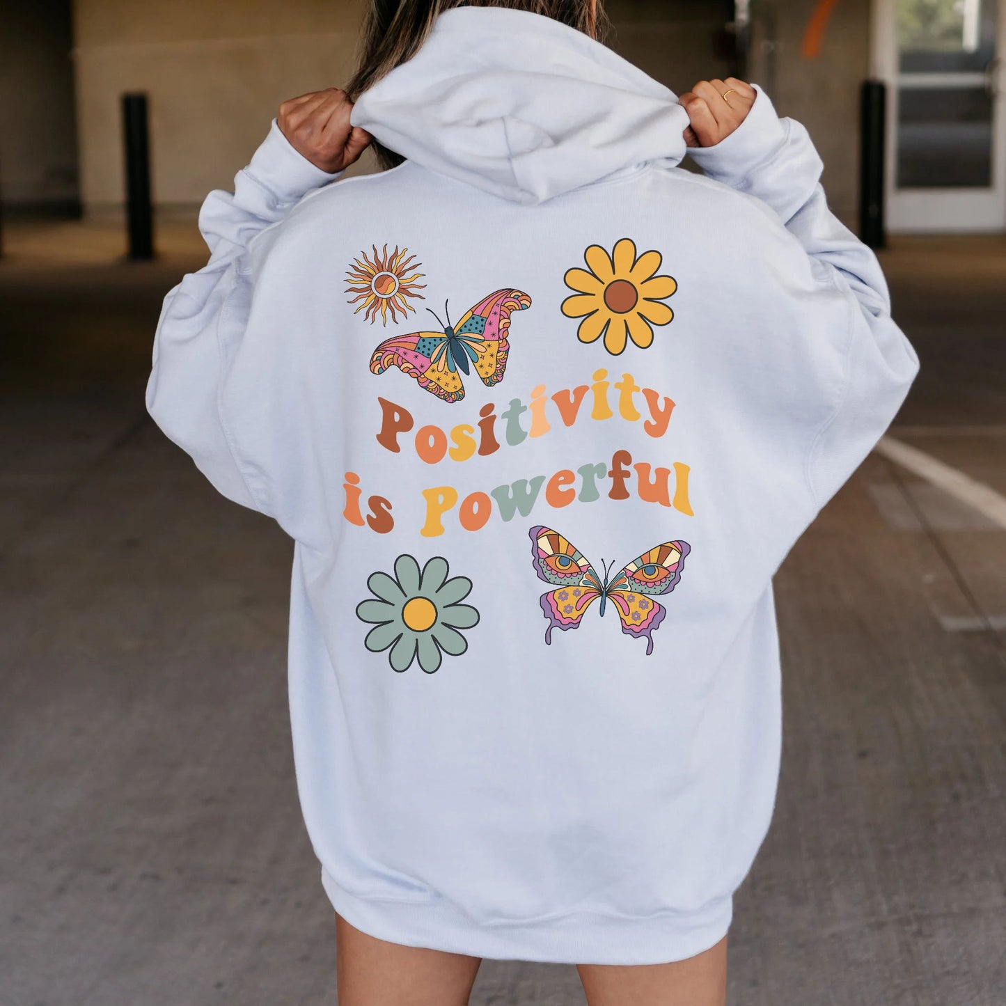 Positivity is Powerful Butterfly and Floral Print Hoodie
