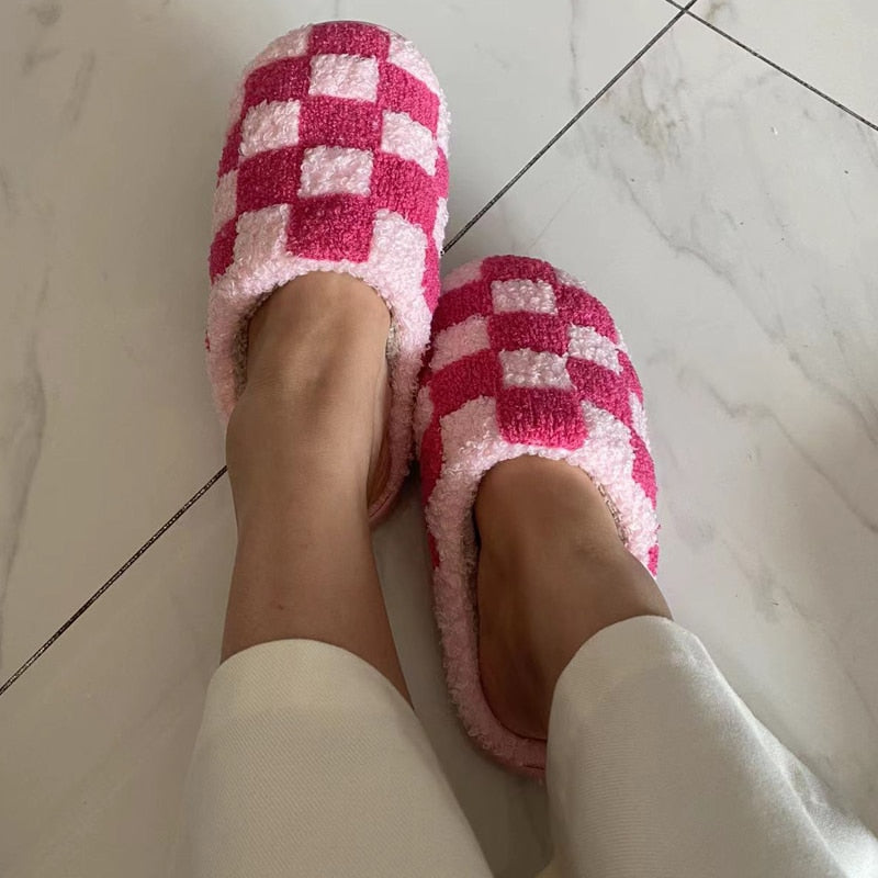 Preppy Aesthetic Pink Checkerboard Print Cozy Slippers