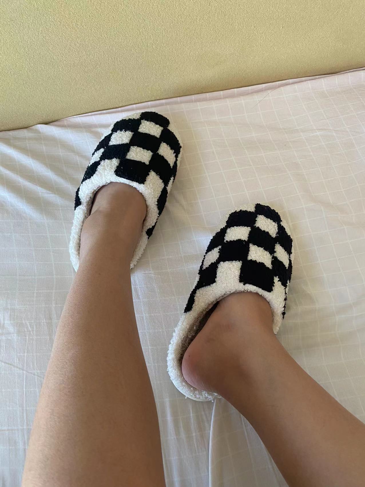 Preppy Aesthetic Black Checkerboard Print Cozy Slippers