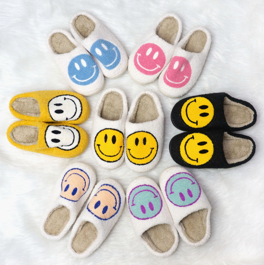 Preppy Smiley Face Cozy Slippers US Size 5-7 / Red