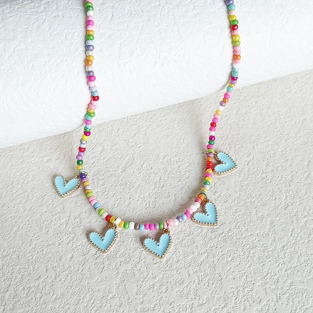 Preppy Aesthetic Heart Rainbow Beaded Pendant Necklace