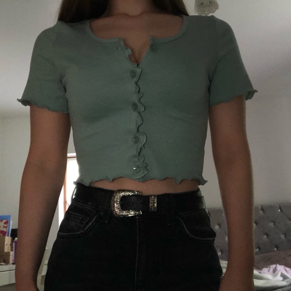 Preppy Aesthetic Ruffle Lettuce Edge Crop Top