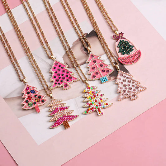 Preppy Aesthetic Pink Christmas Tree Pendant Necklaces