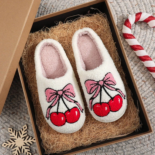 Preppy Aesthetic Coquette Christmas Cherry Bow Cozy Slippers