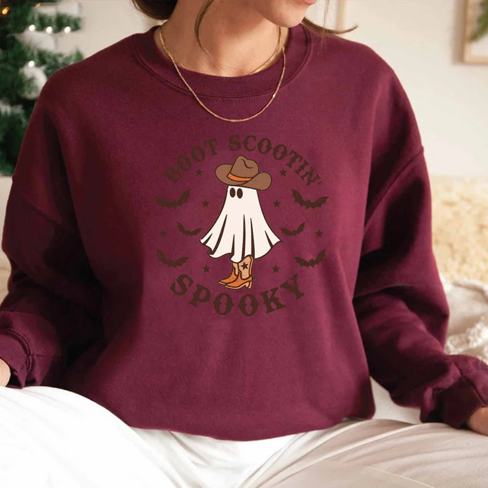 Boot Scootin Spooky Preppy Aesthetic Cowgirl Ghost Halloween Crewneck Sweatshirt
