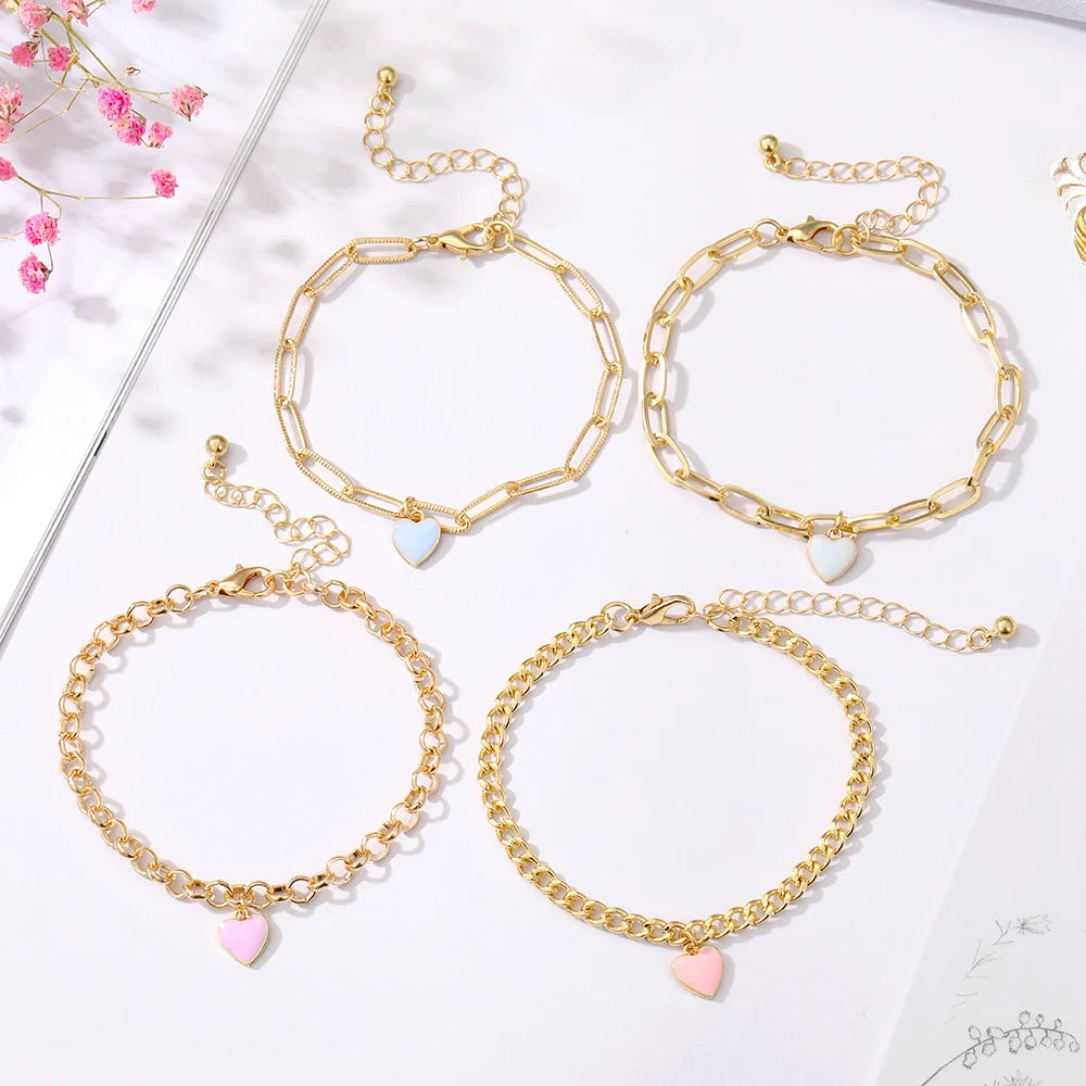 Preppy Aesthetic Gold Chain Heart Bracelets Set (4 pack)