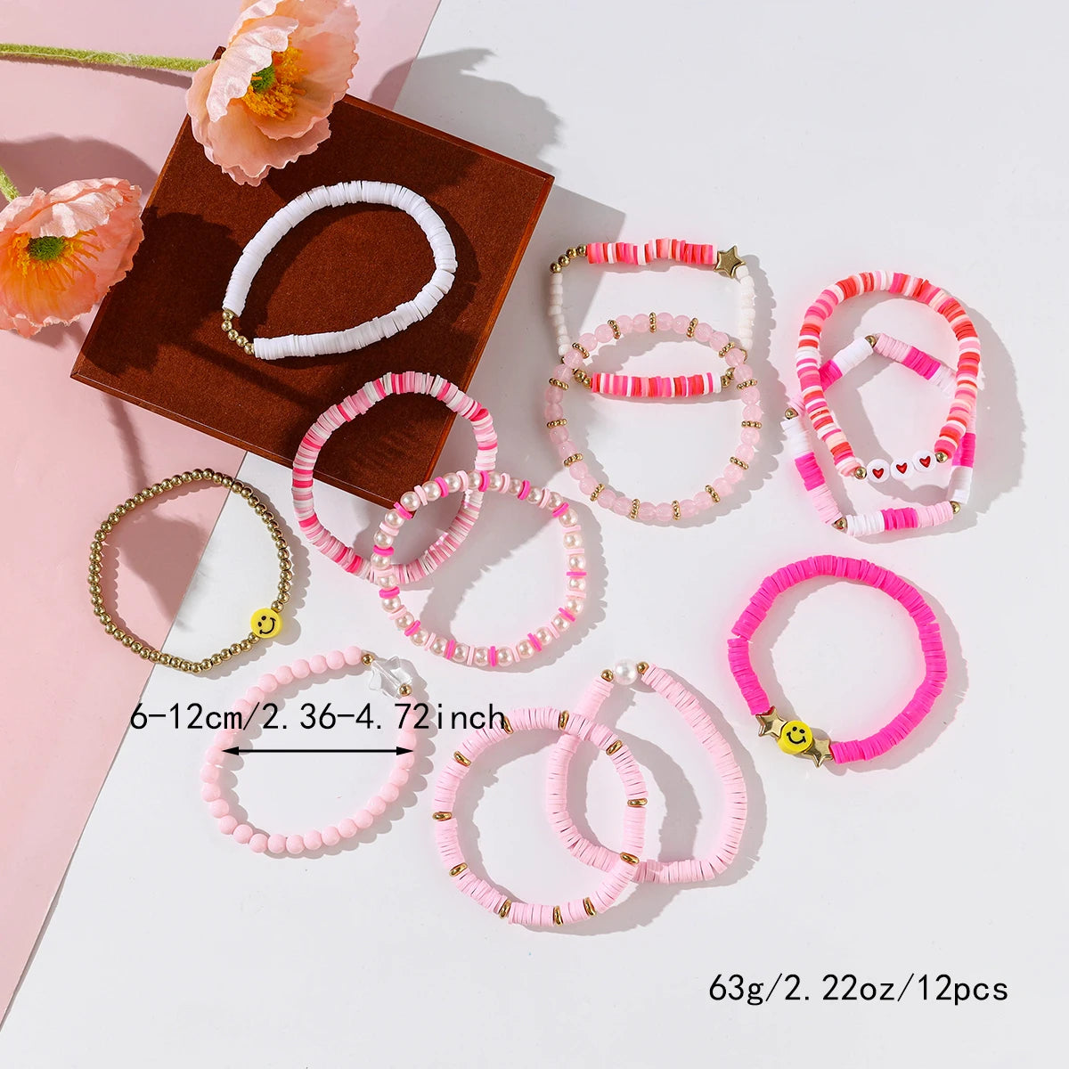 Pink Preppy Aesthetic Beaded Bracelet Set (12 pack)