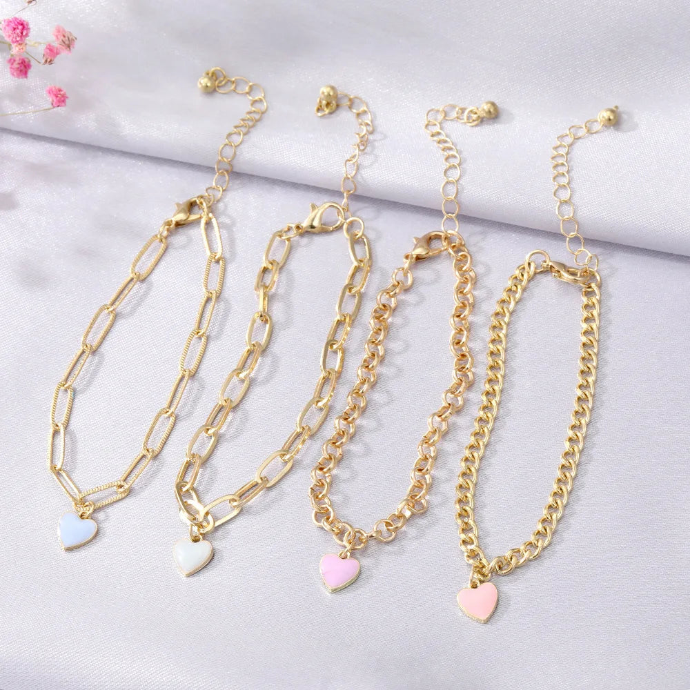 Preppy Aesthetic Gold Chain Heart Bracelets Set (4 pack)