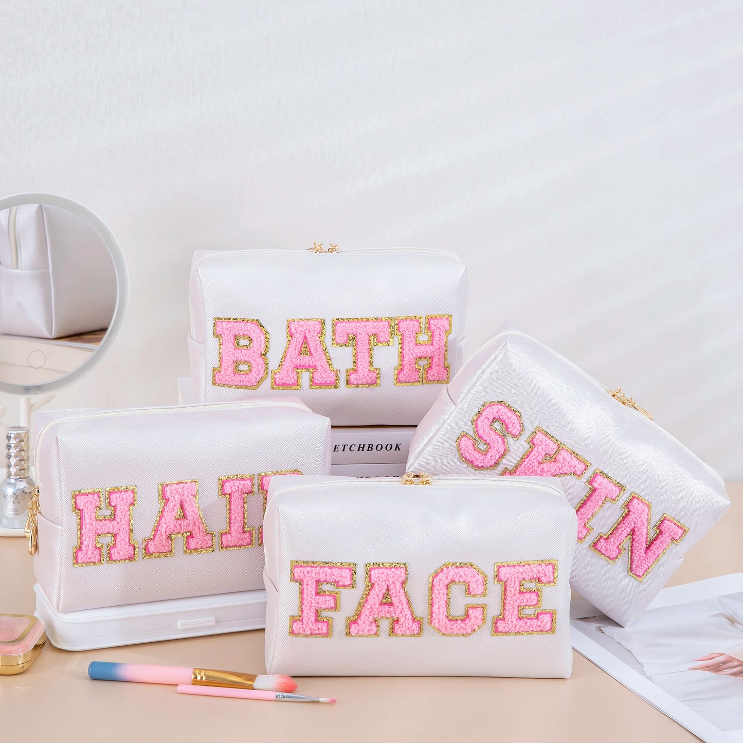 Preppy Aesthetic Patch Pink and White Skincare Storage Bag
