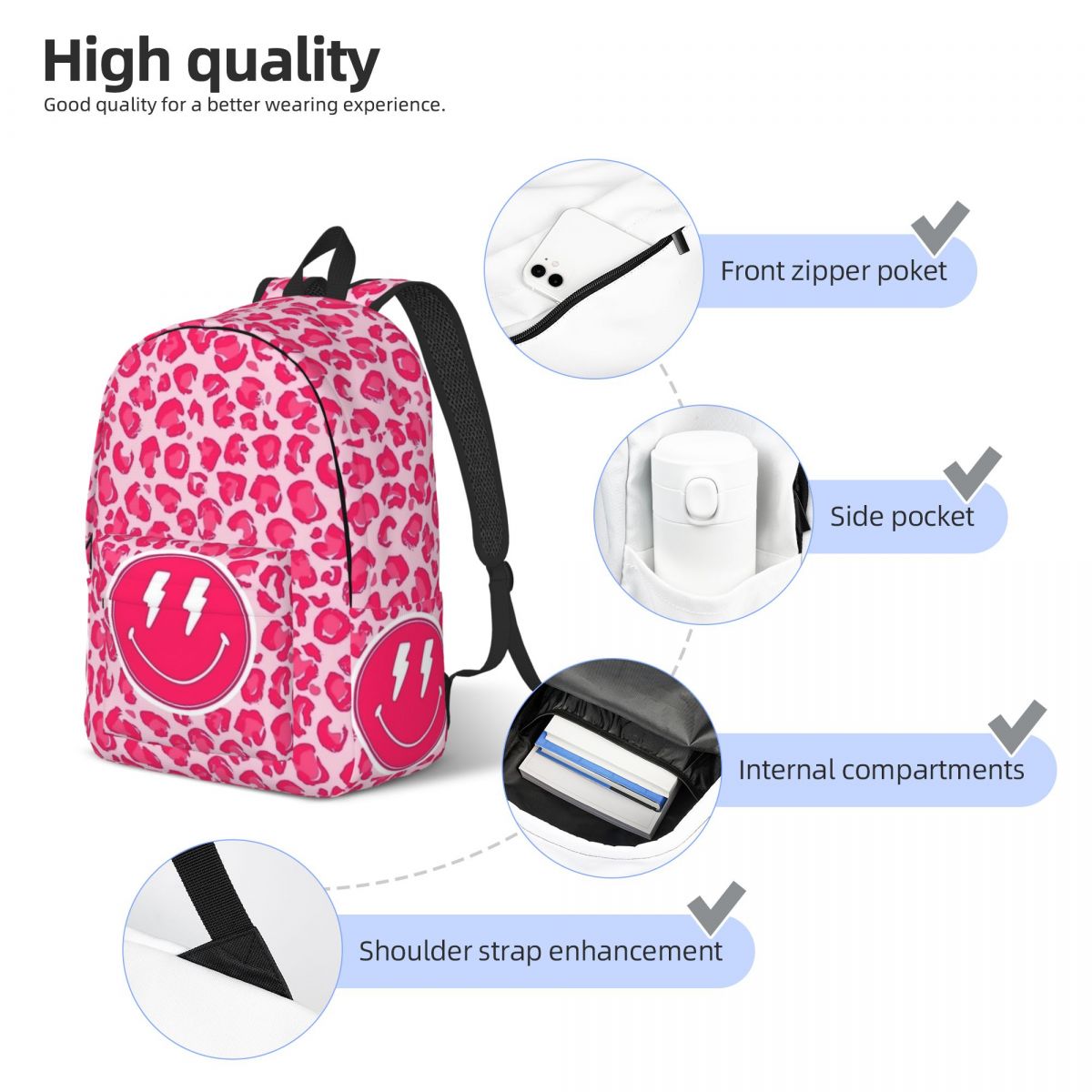 Preppy Aesthetic Pink Leopard Print Smiley Face Backpack