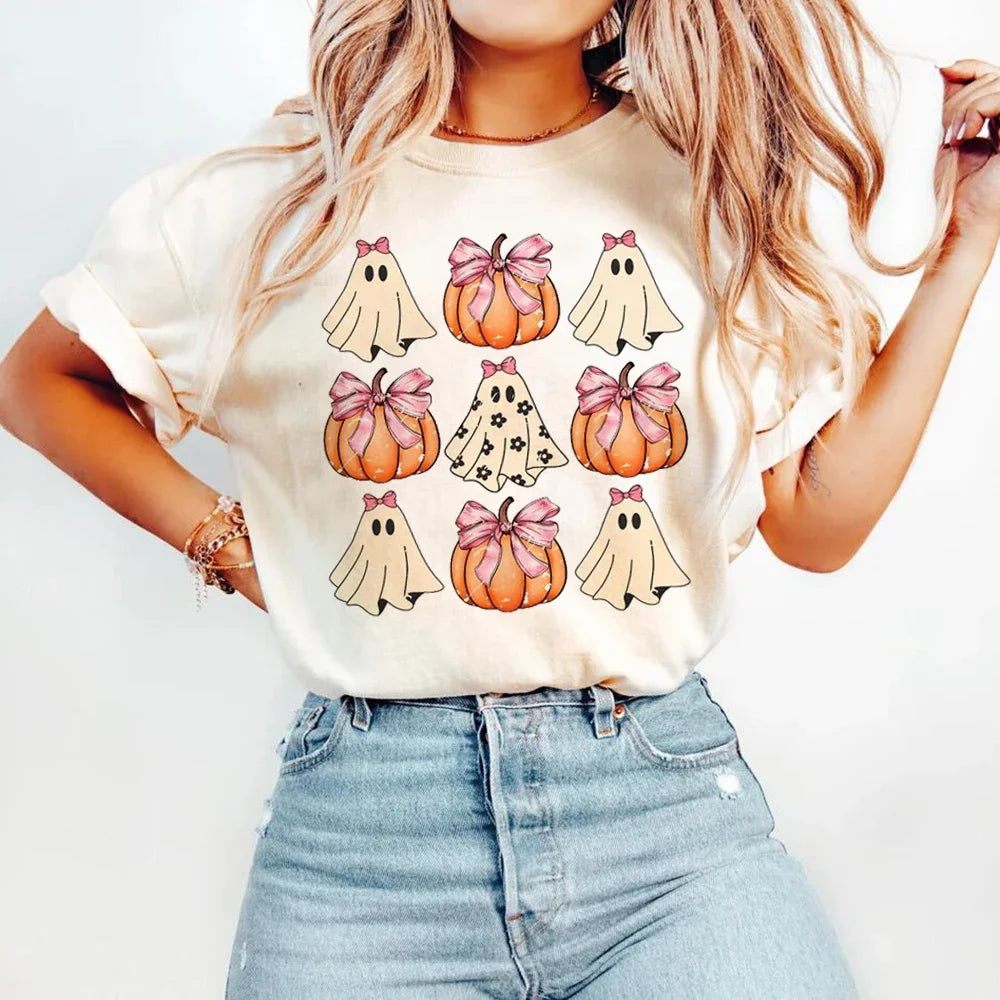 Preppy Aesthetic Ghost Coquette Bow Halloween Pumpkin Graphic T-Shirt