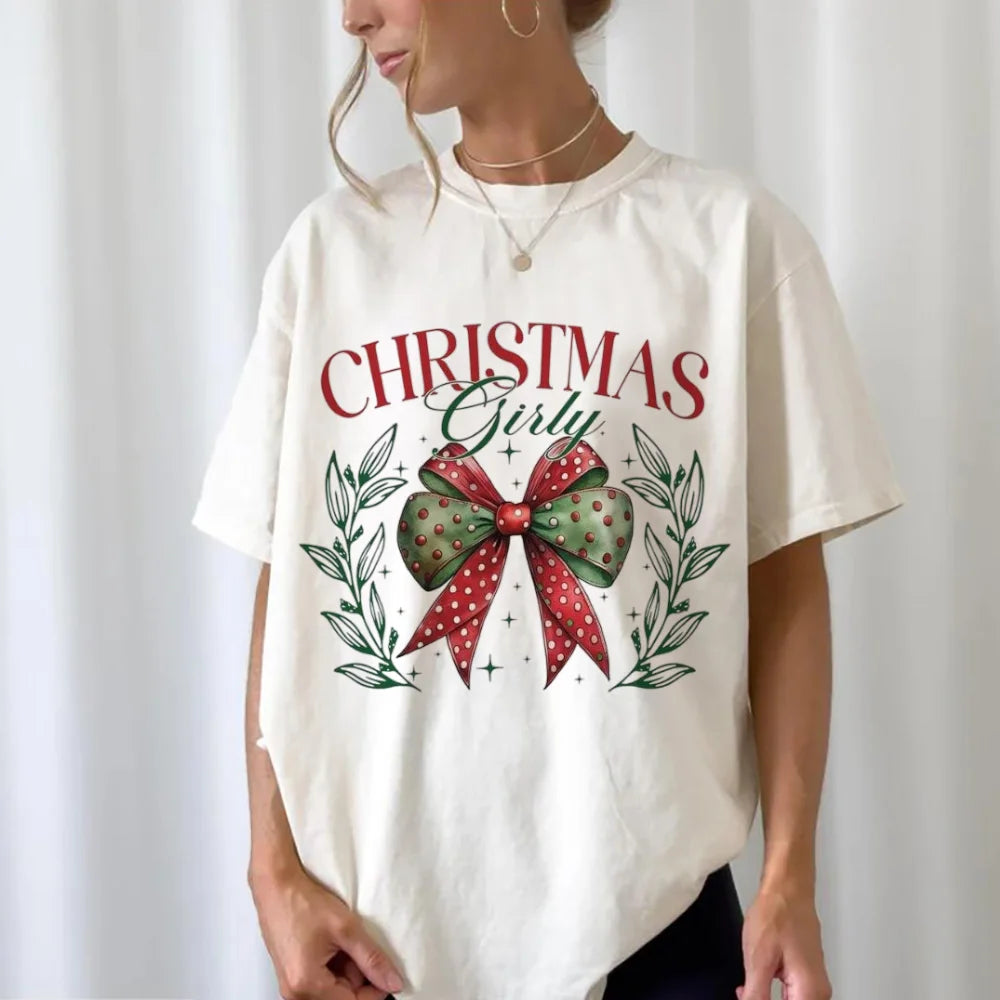 Christmas Girly Preppy Aesthetic Coquette Bow Holiday T-Shirt