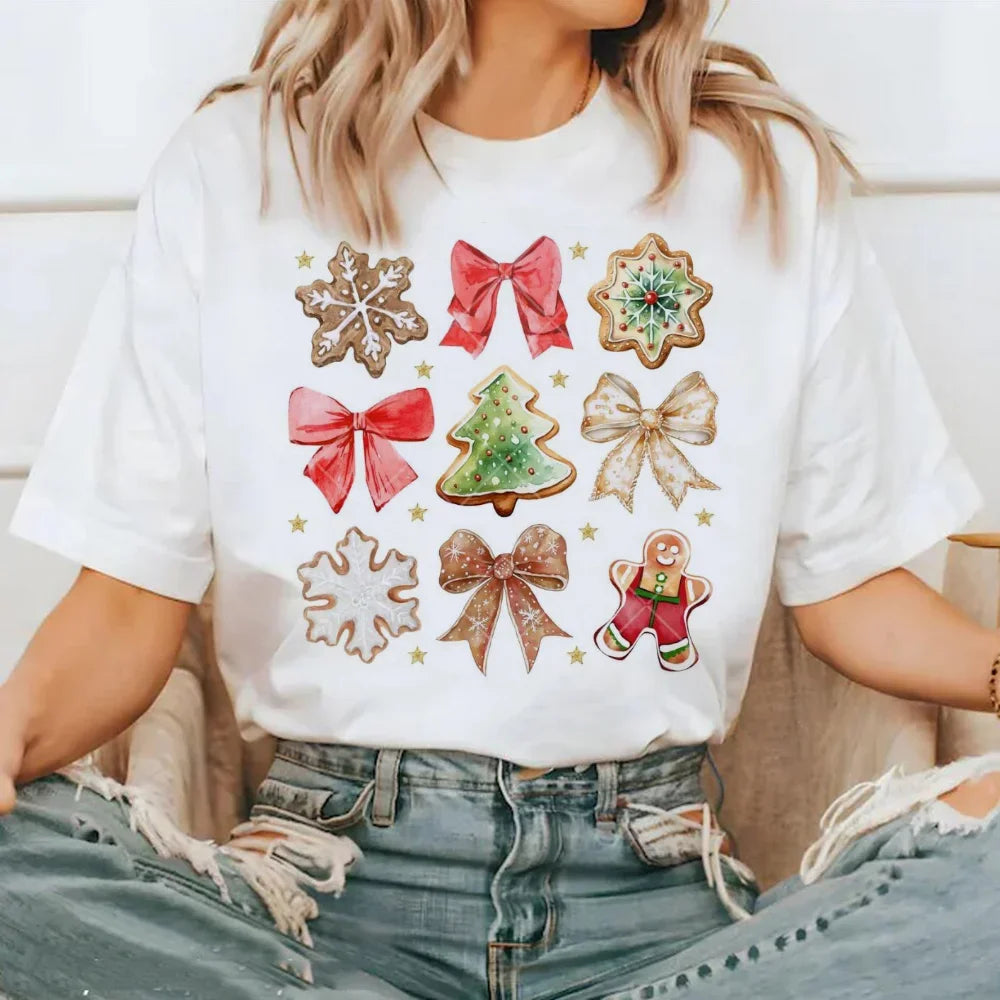 Preppy Aesthetic Christmas Cookie Pattern Bow Holiday T-Shirt